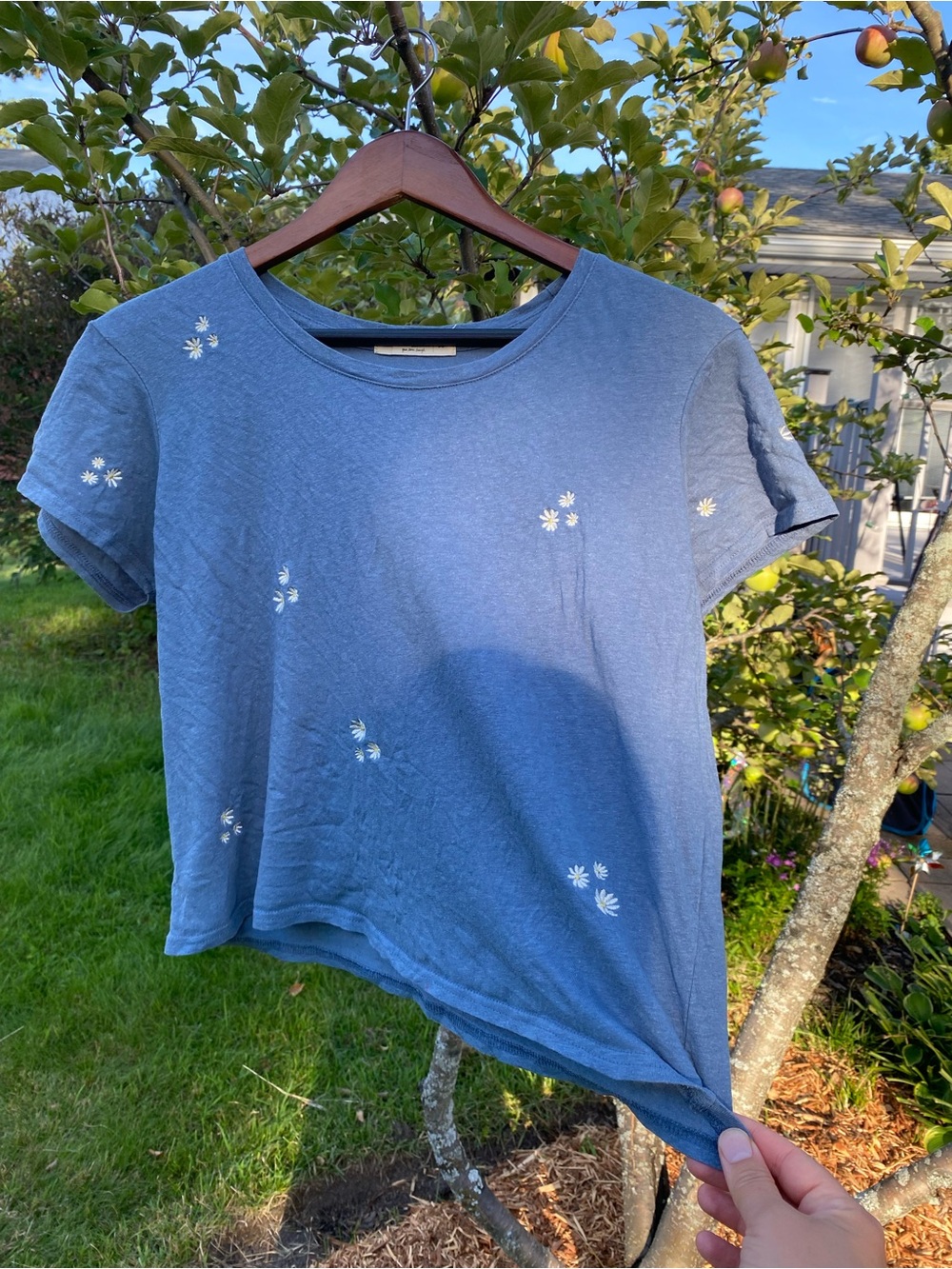 Natural Life Blue Linen Cotton Embroidered Daisy T-Shirt Medium